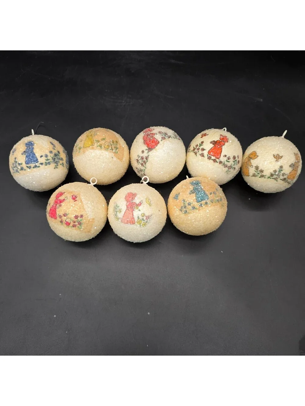 Vintage Sugared Styrofoam Christmas Ornaments Lot of 8 Holly Hobbie Style Retro